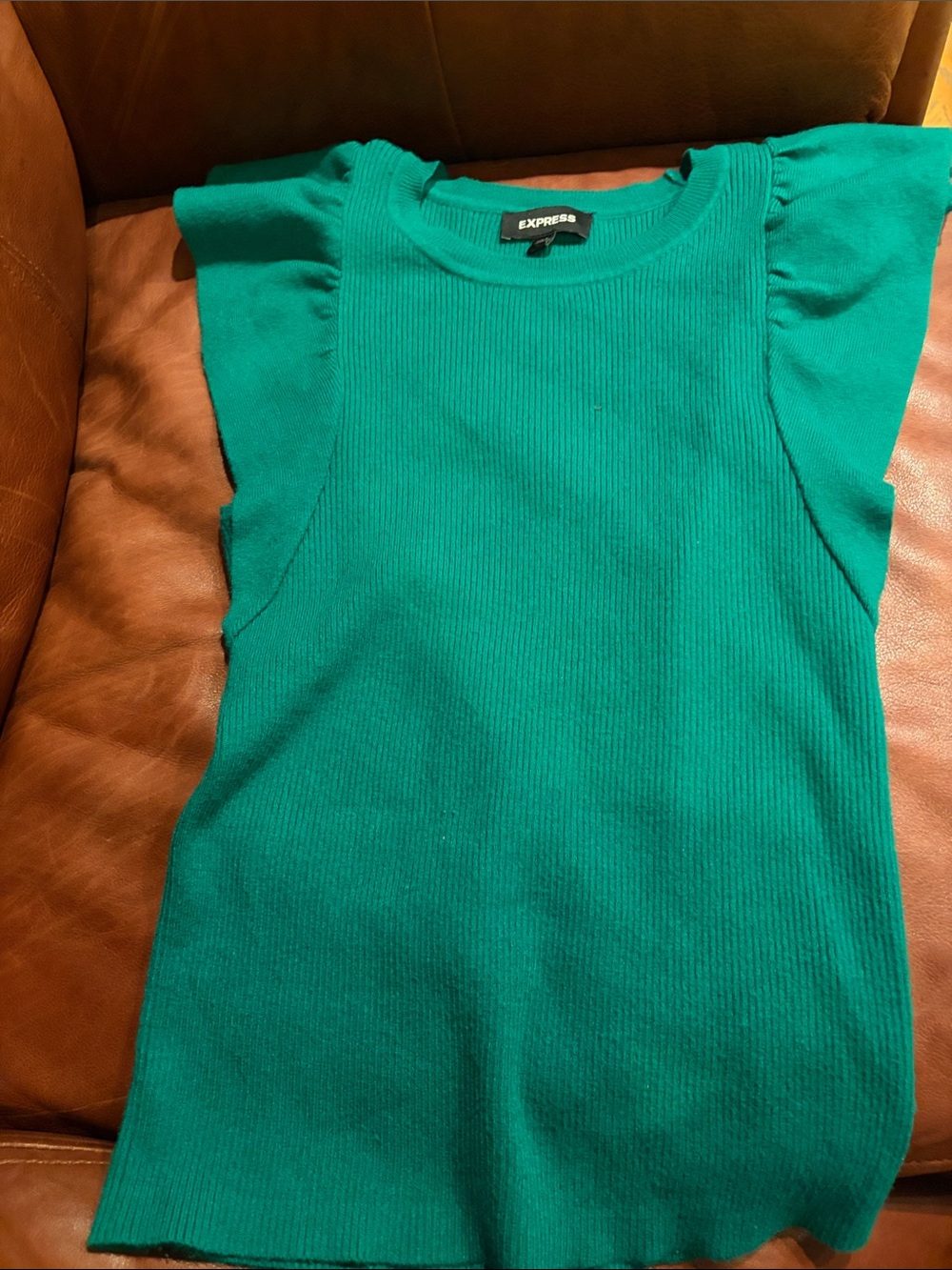 Express Green Ribbed Flutter-Sleeve Tank Medium